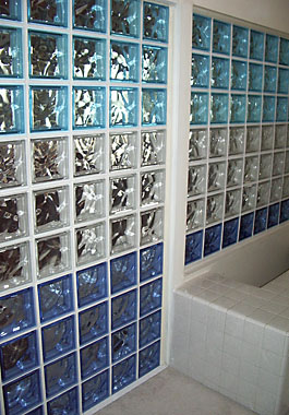 Glass block wall with colored block.